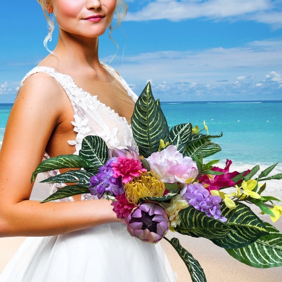 Colorful Beach Wedding Bouquet, Pre-Made Artificial Faux Floral Arrangement - Picture 3 of 11